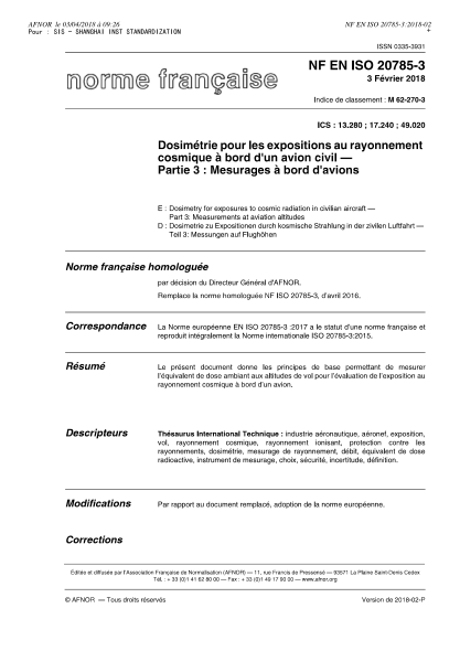 NF ISO 20785-3-2016 Dosimetry for exposures to cosmic radiation in civilian aircraft - Part 3 - measurements at aviation altitudes