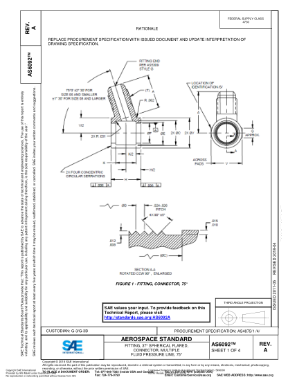 SAE AS6092A-2018 Fitting, 37° Spherical Flared, Connector, Multiple Fluid Pressure Line, 75°
