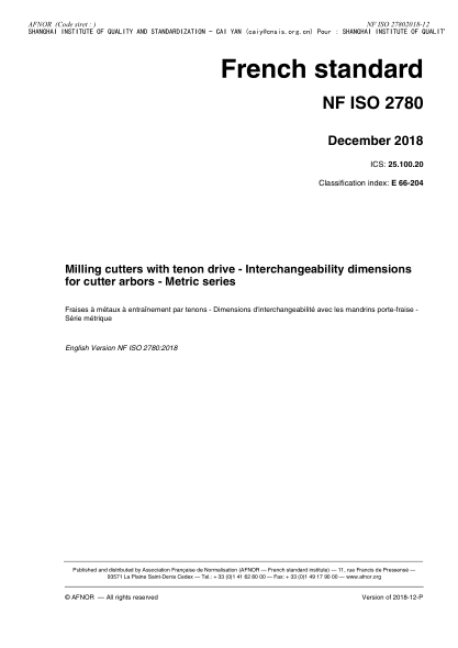NF E66-204-2018 Milling cutters with tenon drive - Interchangeability dimensions for cutter arbors - Metric series