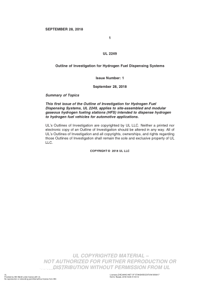 UL SUBJECT 2249-2018 Outline Of Investigation For Hydrogen Fuel Dispensing Systems (Issue 1)