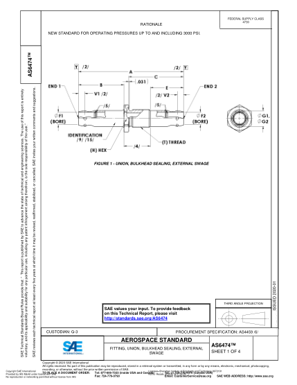 SAE AS6474-2020 Fitting, Union, Bulkhead Sealing, External Swage