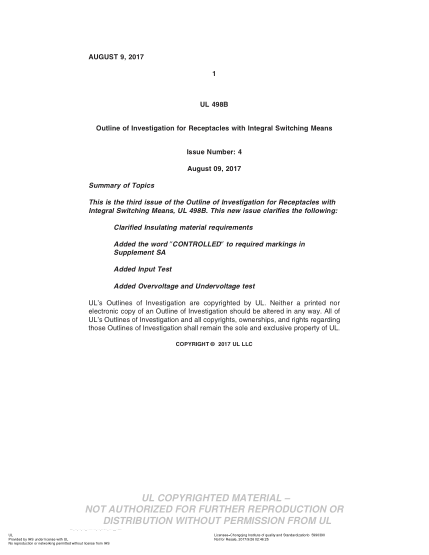 UL SUBJECT 498B-2017 UL Outline of Investigation for Receptacles with Integral Switching Means (Issue 4)