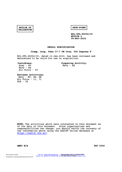 NAVY MIL-DTL-85052/3C VALID NOTICE 2-2014 Clamp,Loop,Tube 17-7 Ph Cres,500 Degrees F