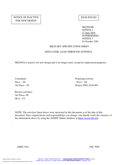 NAVY MS25054 REV B NOTICE 2-2018 Insulator, Lead-Through Antenna