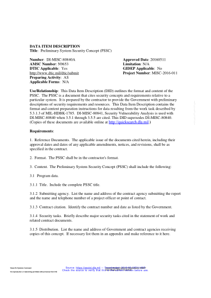 NAVY DI-MISC-80840A-2016 Preliminary System Security Concept (Pssc)