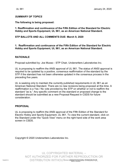 UL 961 BULLETIN-2020 UL Standard For Safety Electric Hobby And Sports Equipment (Comments Due: March 9, 2020)