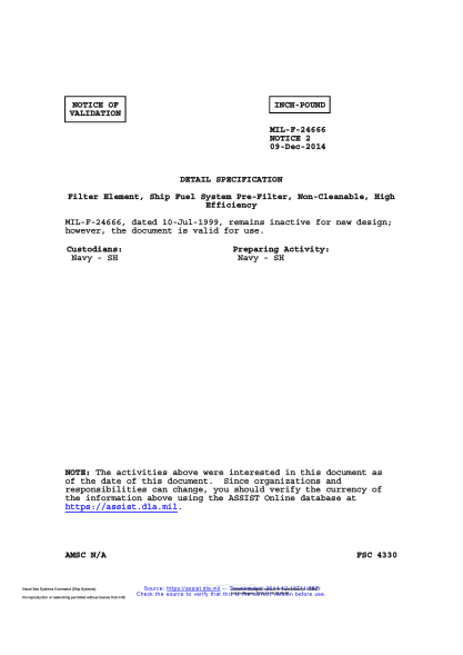 NAVY MIL-F-24666 VALID NOTICE 2-2014 Filter Element, Ship Fuel System Pre-Filter, Non-Cleanable, High Efficiency