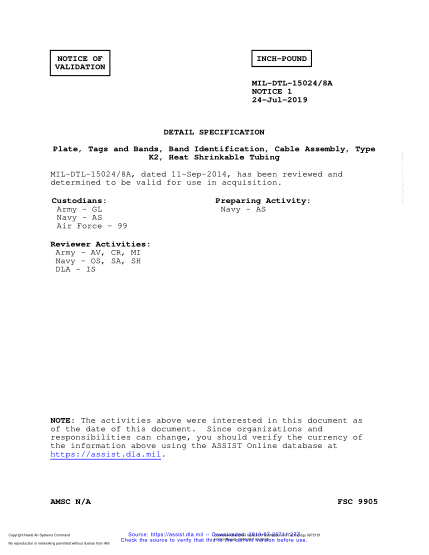 NAVY MIL-DTL-15024/8A VALID NOTICE 1-2019 Plate, Tags And Bands, Band Identification, Cable Assembly, Type K2, Heat Shrinkable Tubing