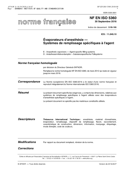NF EN ISO 5360-2016 Anaesthetic vaporizers - Agent-specific filling systems