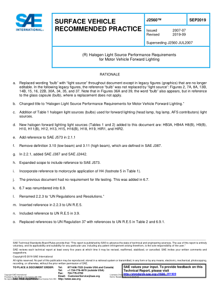 SAE J2560-2019 (R) Halogen Light Source Performance Requirements For Motor Vehicle Forward Lighting