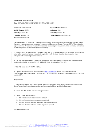 NAVY DI-SESS-81245B-2015 Installation Completion Notification (Icn)