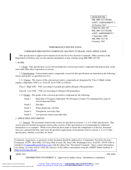 NAVY MIL-PRF-16173E W/INT AMD 2-2017 Corrosion Preventive Compound,Solvent Cutback,Cold-Application
