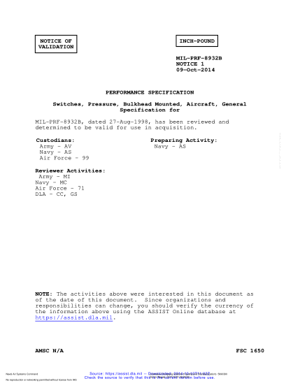 NAVY MIL-PRF-8932B VALID NOTICE 1-2014 Switches,Pressure,Bulkhead Mounted,Aircraft,General Specification For