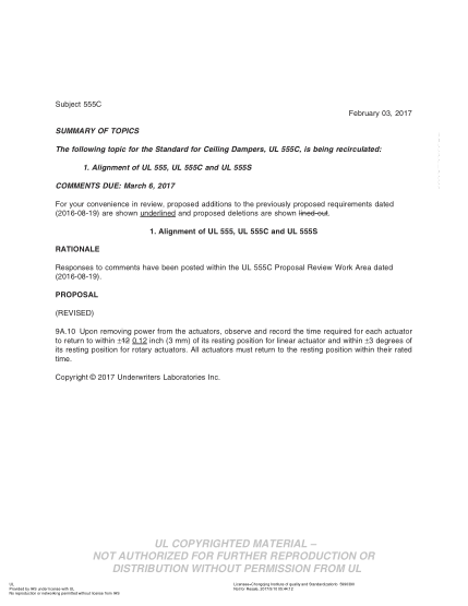UL 555C BULLETIN-2017 Ul Standard For Safety Ceiling Dampers (Comments Due:March 6, 2017)