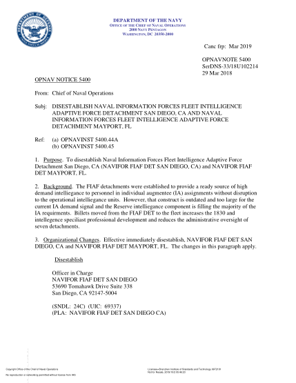 NIDS OPNAV NOTE 5400 18U102214-2018 (Serdns-33/18U102214) Disestablish Naval Information Forces Fleet Intelligence Adaptive Force Detachment San Diego,Ca And Naval Information Forces Fleet Intelligence Adaptive Force Detachment Mayport,Fl