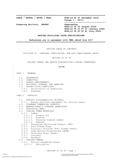 NAVY UFGS-23 65 00-2016 Cooling Towers And Remote Evaporatively-Cooled Condensers (Incorporating Change 2: 8/1/2018)