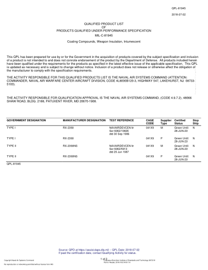 NAVY QPL-81945-2018 Coating Compounds, Weapon Insulation, Intumescent
