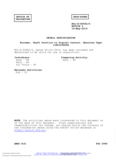 NAVY MIL-E-85082/6 VALID NOTICE 2-2019 Encoder, Shaft Position To Digital Contact, Absolute Type 11Kcj10S05A