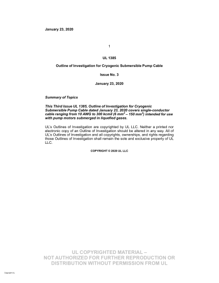 UL SUBJECT 1385-2020 Ul Outline Of Investigation For Cryogenic Submersible Pump Cable (Issue 3)