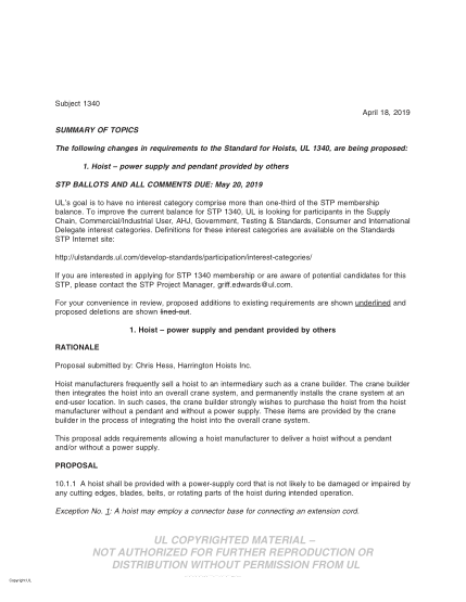 UL 1340 BULLETIN/3-2019 UL Standard For Safety Hoists (Comments Due: May 20, 2019)