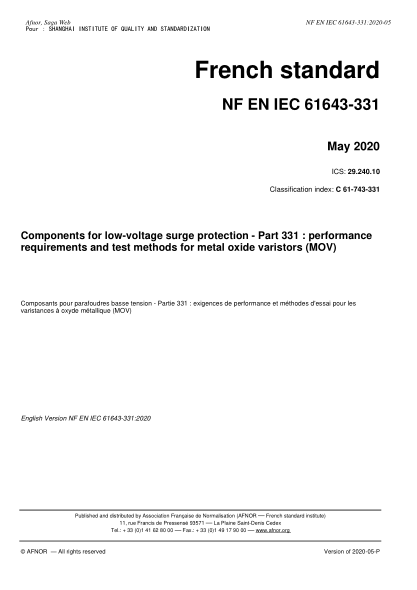 NF C61-743-331-2020 Components for low-voltage surge protection - Part 331 : performance requirements and test methods for metal oxide varistors (MOV)