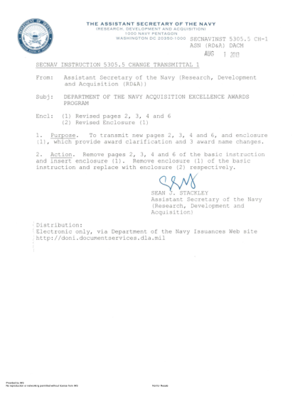 NIDS SECNAV 5305.5 CH-1-2013 (Asn (Rd&A) Dacm) Department Of The Navy Acquisition Excellence Awards Program