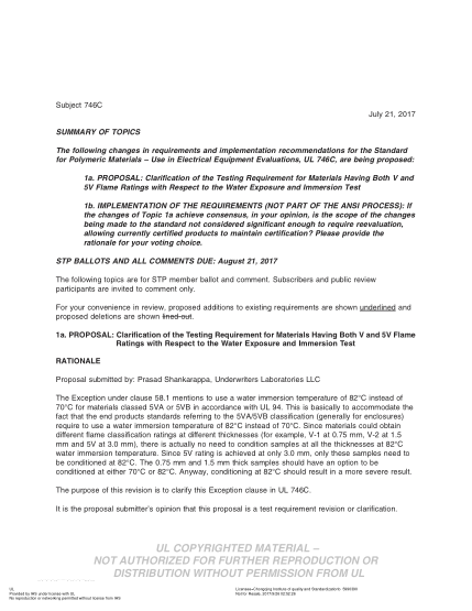 UL 746C BULLETIN/3-2017 UL Standard for Safety Polymeric Materials – Use in Electrical Equipment Evaluations (COMMENTS DUE: August 21, 2017)