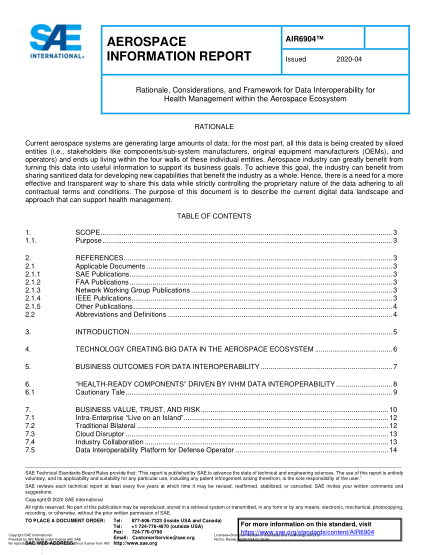SAE AIR6904-2020 Rationale, Considerations, And Framework For Data Interoperability For Health Management Within The Aerospace Ecosystem