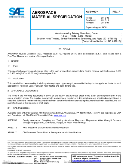 SAE AMS4002A-2018 Aluminum Alloy Tubing,Seamless,Drawn 1.8Cu - 1.0Mg - 0.8Si - 0.20Cr Solution Heat Treated,Stress-Relieved By Stretching,And Aged (2013-T6511) (Uns A92013)