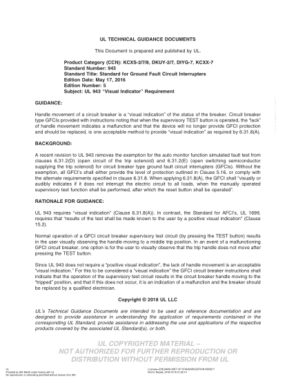 UL 943 TGD-2018 UL Standard for Safety Ground-Fault Circuit-Interrupters - Subject: UL 943 “Visual Indicator” Requirement (Edition 5: May 17, 2016)