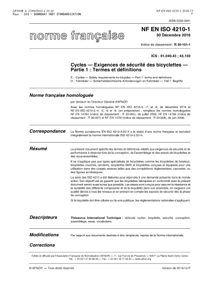 NF R30-101-1-2016 Cycles - Safety requirements for bicycles - Part 1 - terms and definitions