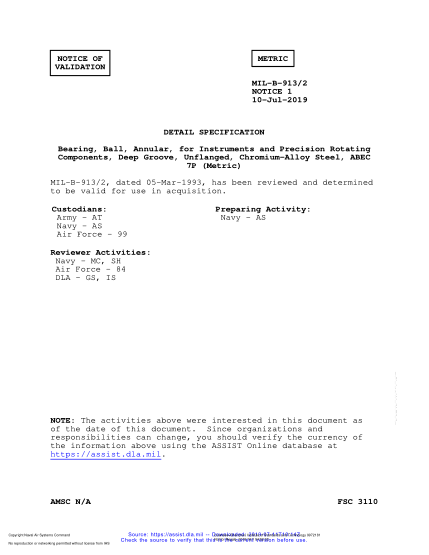 NAVY MIL-B-913/2 VALID NOTICE 1-2019 Bearing, Ball, Annular, For Instruments And Precision Rotating Components, Deep Groove, Unflanged, Chromium-Alloy Steel, Abec 7P (Metric)