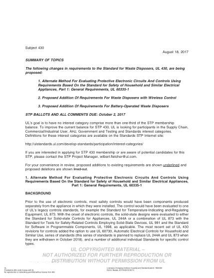 UL 430 BULLETIN-2017 UL Standard for Safety Waste Disposers (COMMENTS DUE: October 2, 2017)