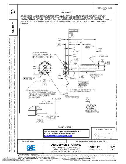SAE AS3119B-2019 Bolt, Machine - Hexagon Head, Drilled 6 Holes, Pd Shank, Cres (Uns S66286), .5000-20 Unjf-3A