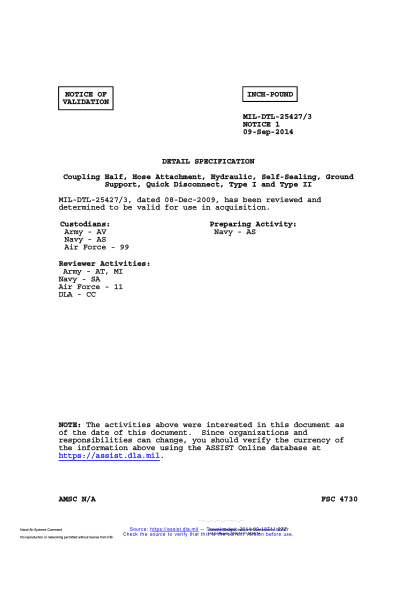 NAVY MIL-DTL-25427/3 VALID NOTICE 1-2014 Coupling Half, Hose Attachment, Hydraulic, Self-Sealing, Ground Support, Quick Disconnect, Type I and Type II