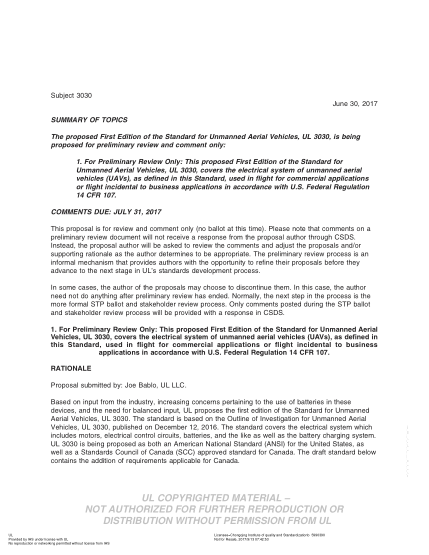 UL 3030 BULLETIN-2017 UL Outline For Investigation Unmanned Aerial Vehicles (Comments Due: July 31, 2017)