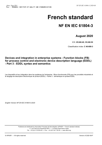 NF C46-608-3-2020 Devices and integration in enterprise systems - Function blocks (FB) for process control and electronic device description language (EDDL) - Part 3 : EDDL syntax and semantics