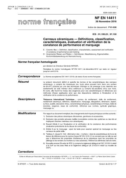 NF EN 14411-2016 Ceramic tiles - Definition, classification, characteristics, assessment and verification of constancy of performance and marking