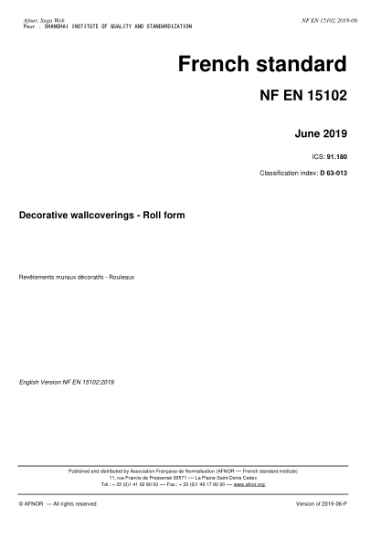 NF EN 15102-2019 Decorative wallcoverings - Roll form