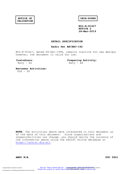 NAVY MIL-R-81627 VALID NOTICE 2-2019 Radio Set An/Arc-142