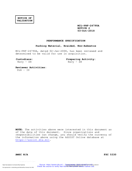 NAVY MIL-PRF-24790A VALID NOTICE 2-2018 Packing Material, Braided, Non-Asbestos