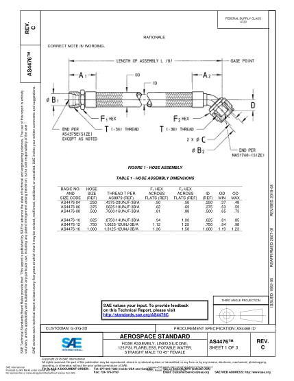 SAE AS4476C-2018 Hose Assembly, Lined Silicone, 125 Psi, Flareless, Potable Water, Straight Male To 45° Female