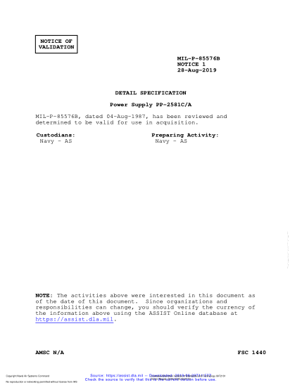 NAVY MIL-P-85576B VALID NOTICE 1-2019 Power Supply Pp-2581C/A