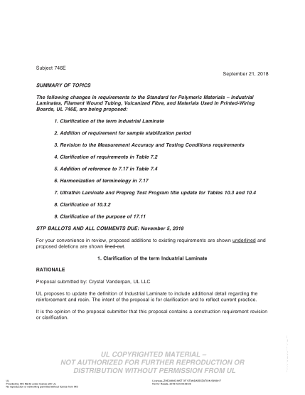 UL 746E BULLETIN/3-2018 UL Standard For Safety Polymeric Materials – Industrial Laminates, Filament Wound Tubing, Vulcanized Fibre, And Materials Used In Printed-Wiring Boards (Comments Due: November 5, 2018)