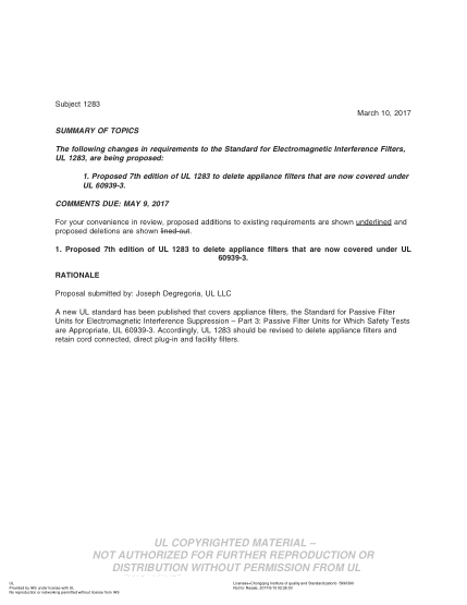 UL 1283 BULLETIN-2017 UL Standard For Safety Electromagnetic Interference Filters (Comments Due: May 9, 2017)