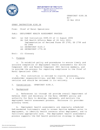 NIDS OPNAV 6100.3A-2014 (N17) Deployment Health Assessment Process