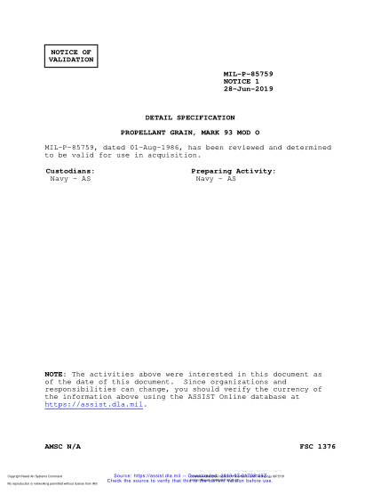 NAVY MIL-P-85759 VALID NOTICE 1-2019 Propellant Grain, Mark 93 Mod O