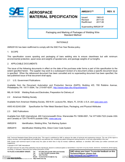 SAE AMS2813G-2011(R2017) Packaging And Marking Of Packages Of Welding Wire Standard Method