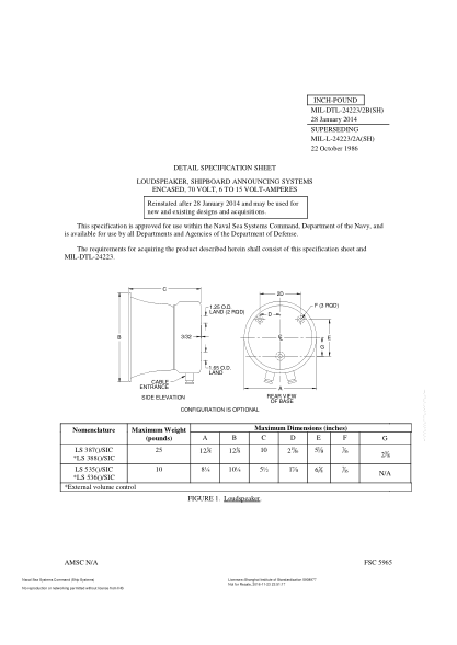 NAVY MIL-DTL-24223/2B-2014 Loudspeaker,Shipboard Announcing Systems Encased,70 Volt,6 To 15 Volt-Amperes