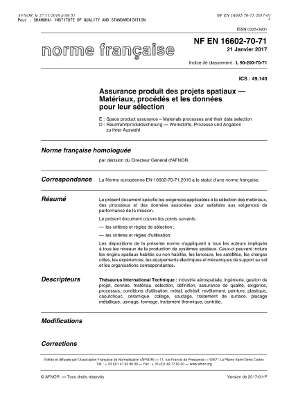 NF L90-200-70-71-2017 Space product assurance - Materials, processes and their data selection